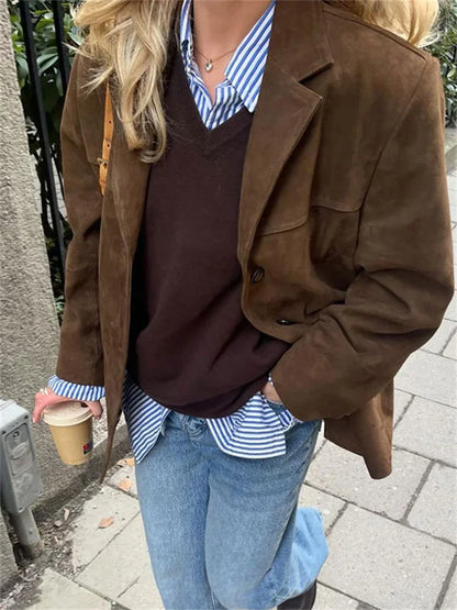 Chaquetas de bolsillo de moda vintage para mujer, abrigo de invierno con solapa para la calle, elegante y liso para el día a día.