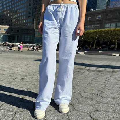 Comfy Loung Pants Streetwear Casual Tie Up Waist Wide Leg Trousers Y2K Vintage Striped Loose Pants Women Pajamas Sleepwear