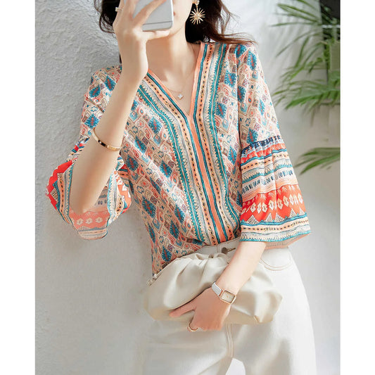 Blusas de gasa estilo vintage de verano para mujer, blusas informales con mangas acampanadas y cuello en V, blusas estampadas ZZ1326