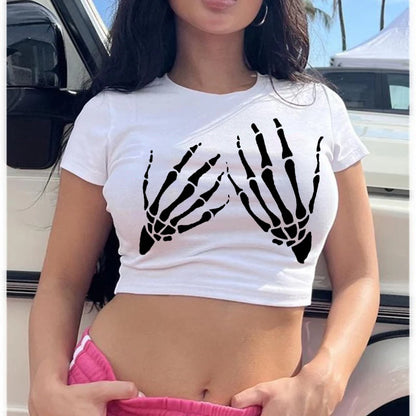 Camiseta de manga corta con estampado de calaveras para mujer, estilo Y2K, con tirantes en el interior, para calle de Europa y Estados Unidos