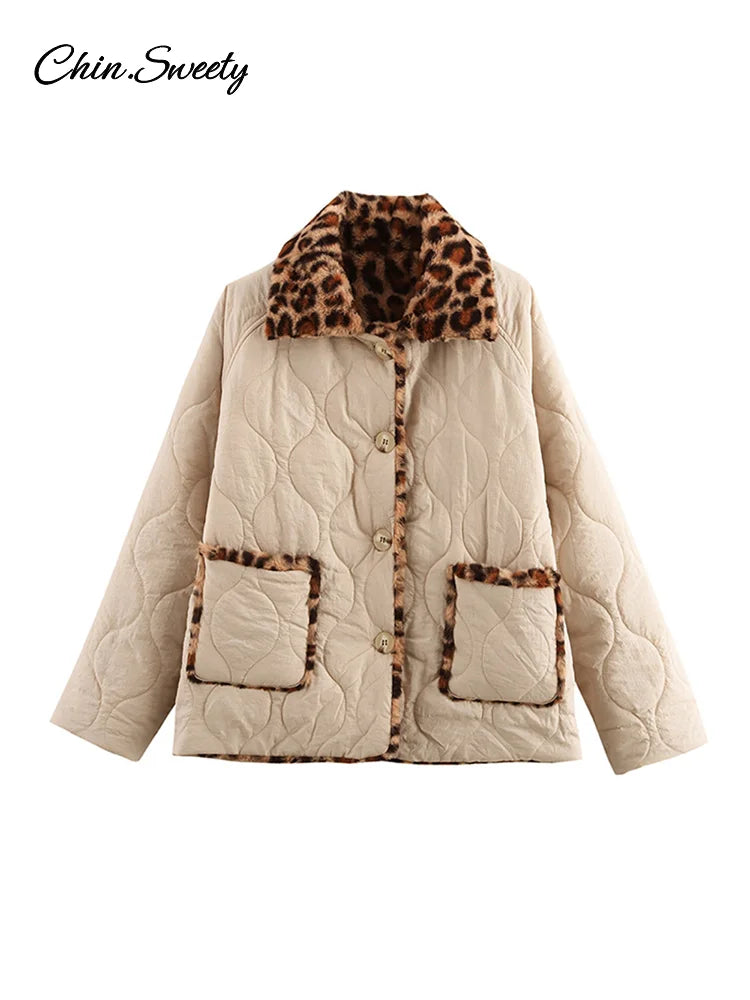 Parkas acolchadas de leopardo de doble cara para mujer, abrigo vintage de polar con solapa y botones, de manga larga, ropa de abrigo gruesa y cálida para mujer 2025