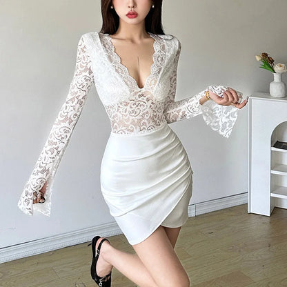 Sexy Party Dress Women Aesthetic V Neck Lace Patchwork Long Sleeve Bodycon Mini Dress Evening Club Dresses Clubwear