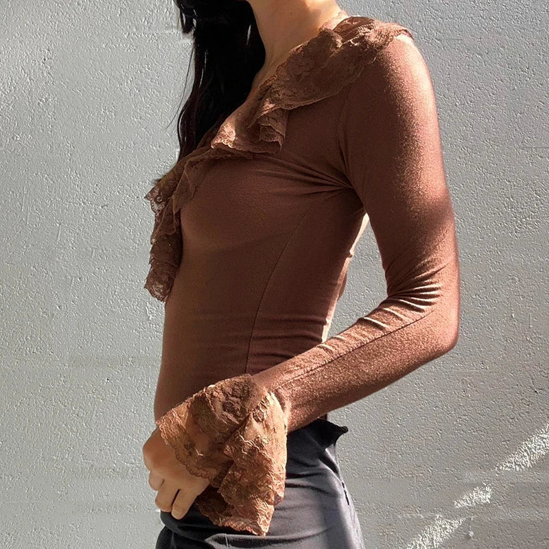 Camiseta marrón con cuello con volantes de encaje vintage Y2K, top ajustado de manga larga, elegante y con estilo de los años 2000, ropa de calle de otoño