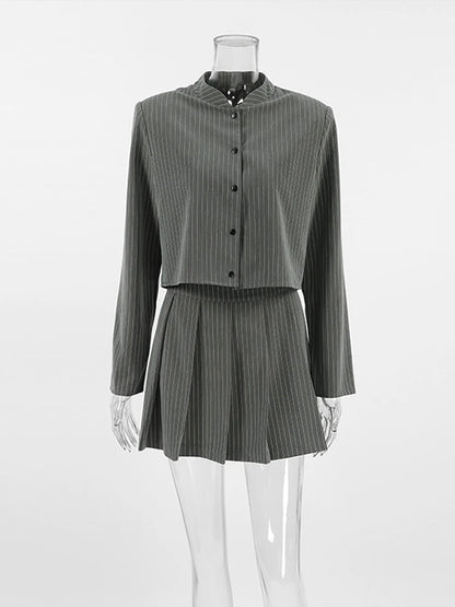 Conjunto de chaqueta y falda corta a rayas para mujer, traje informal de manga larga, abrigo y minifalda, conjuntos elegantes y chic en gris, ropa de calle