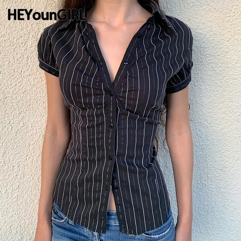 Black White Striped Button Tee Shirt Y2K Women Casual Puff Sleeve Fitted Crop Top Casual Retro Turndown Collar Tops