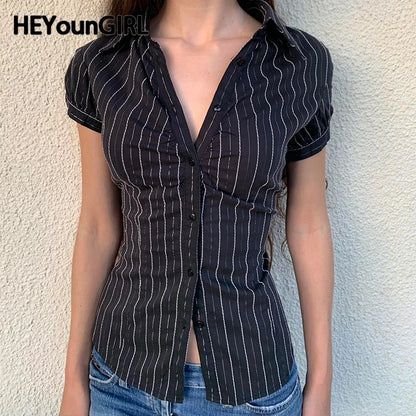 Black White Striped Button Tee Shirt Y2K Women Casual Puff Sleeve Fitted Crop Top Casual Retro Turndown Collar Tops