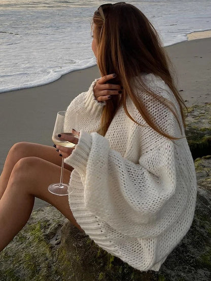 Suéteres casuales de punto con cuello redondo y aberturas para mujer, suéter holgado de manga larga liso, tops elegantes de calle para otoño