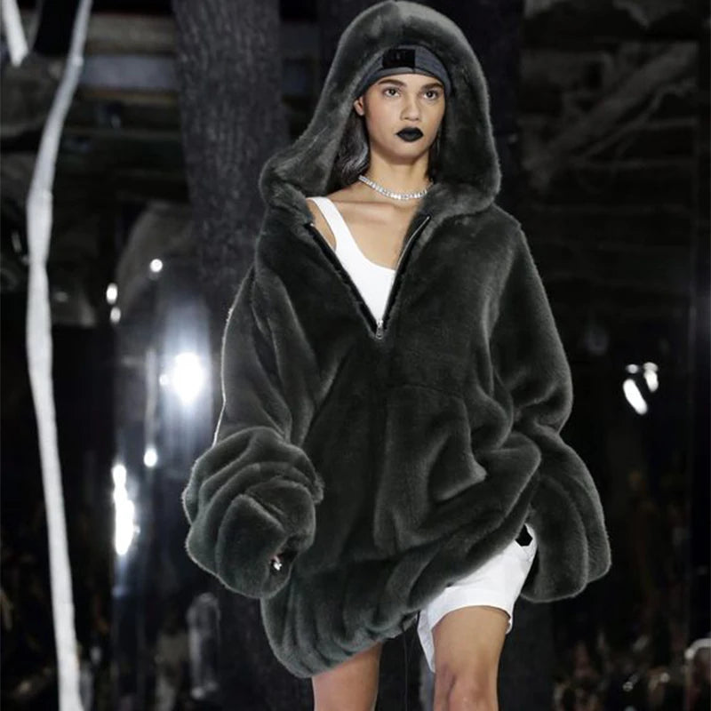 Abrigo largo de piel sintética de marca de lujo de moda para mujer, chaqueta cálida con bolsillos grandes y capucha con cremallera, abrigos de felpa de piel de conejo sintética
