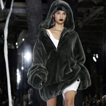 Abrigo largo de piel sintética de marca de lujo de moda para mujer, chaqueta cálida con bolsillos grandes y capucha con cremallera, abrigos de felpa de piel de conejo sintética