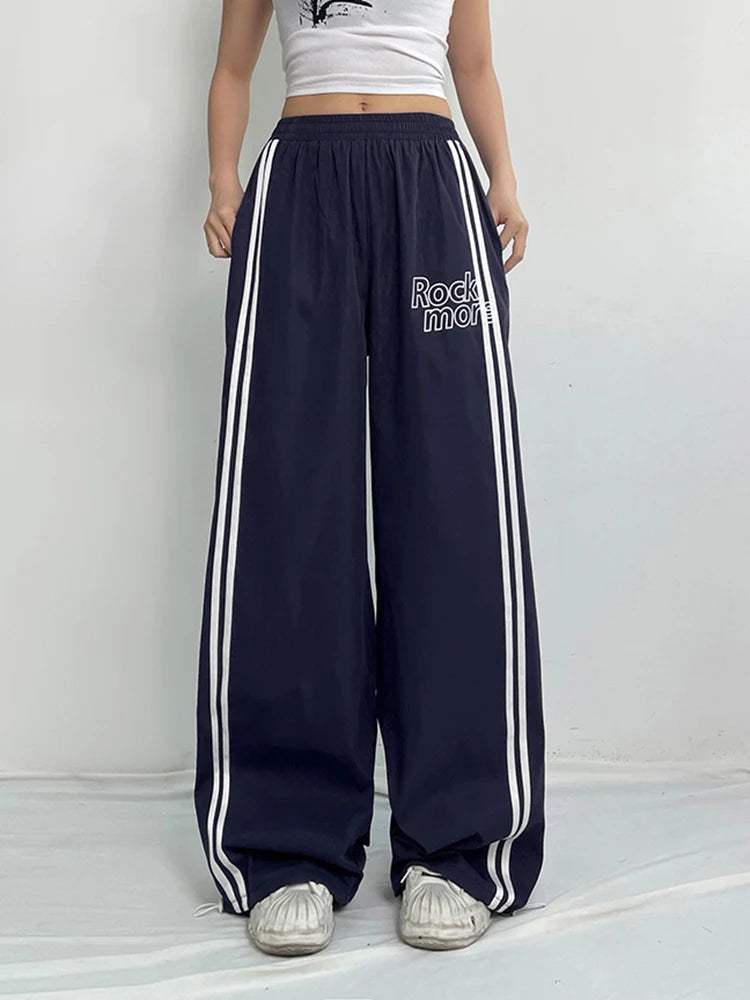 Pantalones rectos holgados de cintura alta con elástico y rayas laterales para mujer, pantalones holgados estilo hippie con estampado de letras, ropa de calle preppy