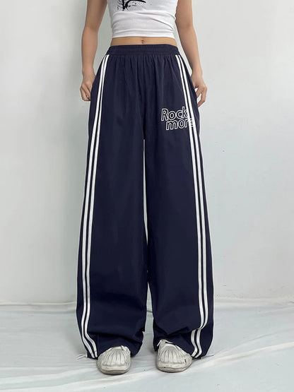 Pantalones rectos holgados de cintura alta con elástico y rayas laterales para mujer, pantalones holgados estilo hippie con estampado de letras, ropa de calle preppy