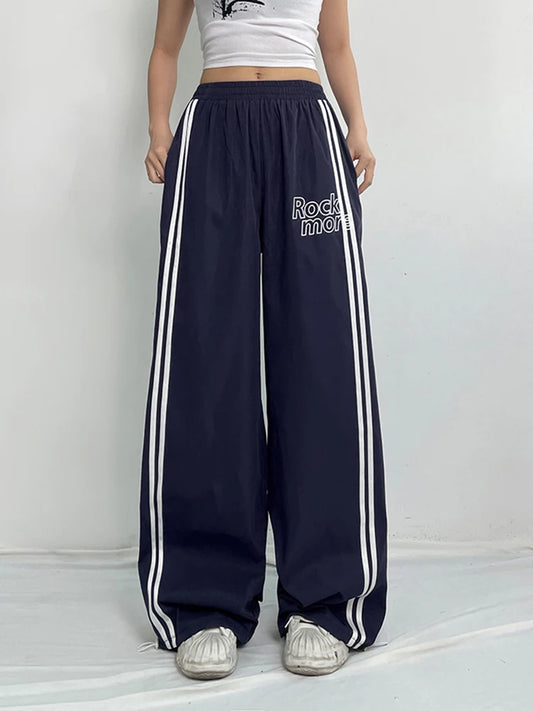 Pantalones rectos holgados de cintura alta con elástico y rayas laterales para mujer, pantalones holgados estilo hippie con estampado de letras, ropa de calle preppy
