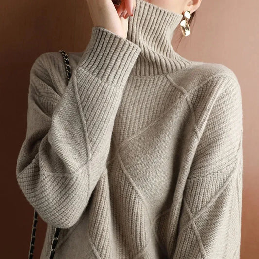 Autumn and Winter New Women’s Pullover Sweater Thickened Warmth Fashion Knitted Wool Sweater High Collar DF4845