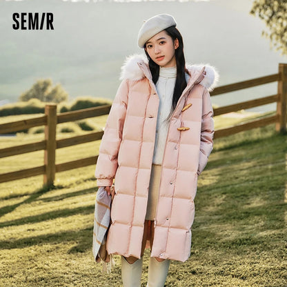 Chaqueta de plumón para mujer, larga, resistente al viento, holgada, de invierno, cálida, con cuello de piel y capucha.