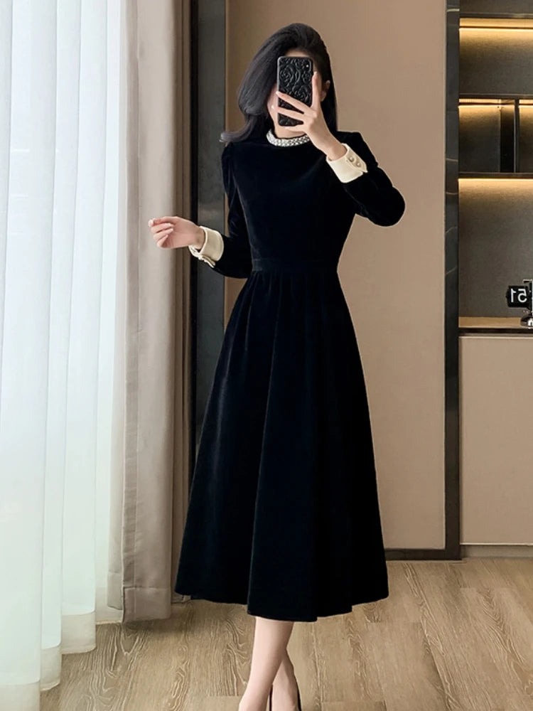 Mujer Primavera Verano Nuevo Elegante Terciopelo Patchwork Midi A Line Vestidos Oficina Dama Manga Larga Fiesta Moda Una Pieza Bata