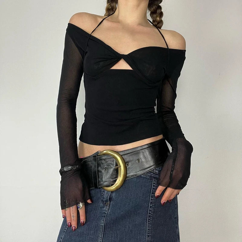 Elegante top negro sexy con corte frontal para mujer, camiseta de malla de manga larga con cuello en V, estilo halter, estilo vintage ajustado para otoño.