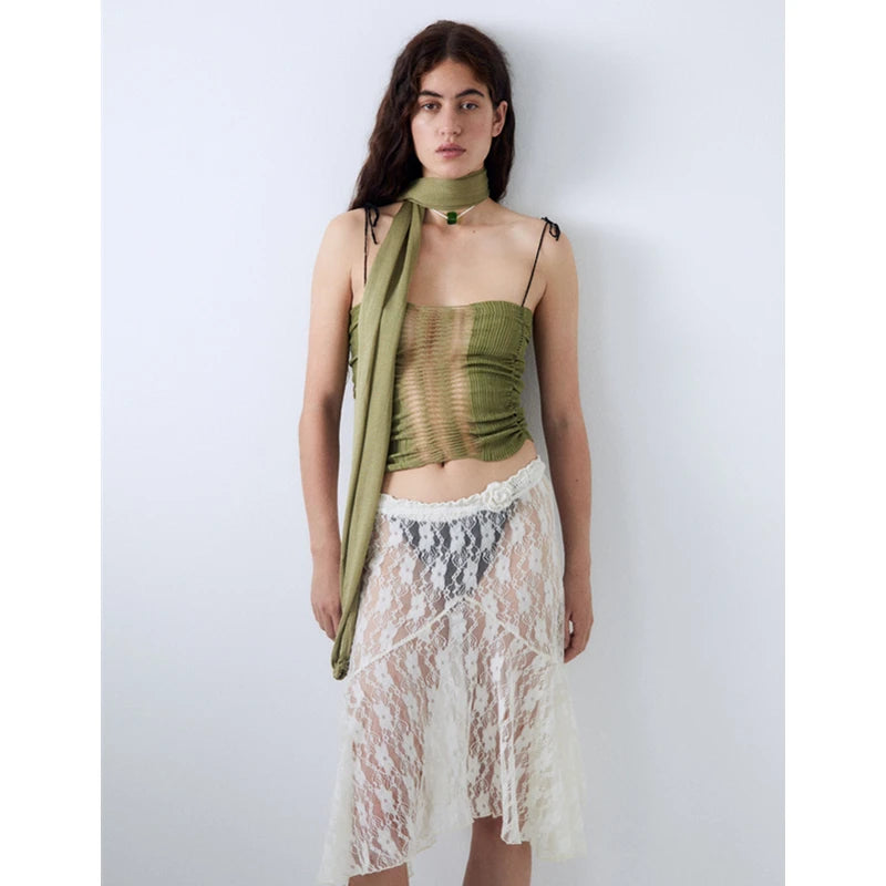 Falda de encaje para mujer, blanca, transparente, con encaje floral, cintura baja, midi, Y2K, estética Fairycore, falda playera, ropa de club.
