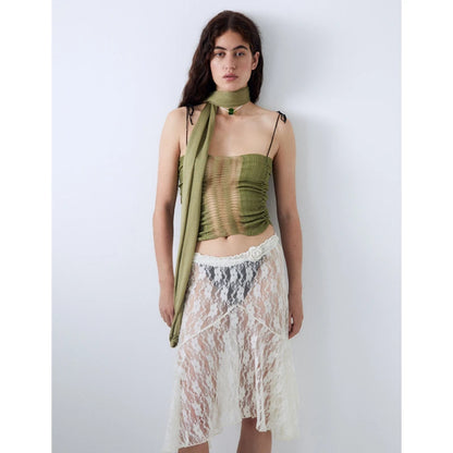 Falda de encaje para mujer, blanca, transparente, con encaje floral, cintura baja, midi, Y2K, estética Fairycore, falda playera, ropa de club.