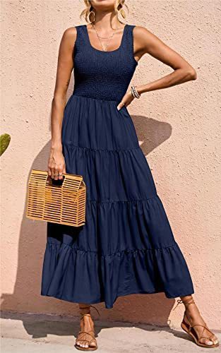 Dresses For Women 2025 Summer Sexy Elegant Sleeveless Floral Solid Color Long Dress Fashion Elastic Waist Beach Party Big Swing