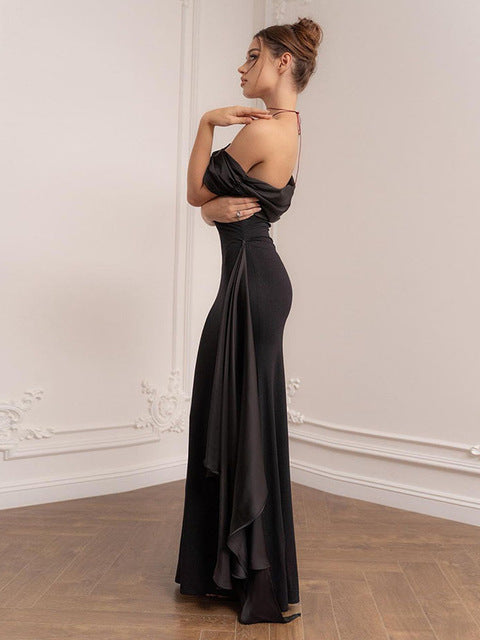 One Shoulder Mesh Patchwork Ribbon Dress Women Fashion New Slim Fit Black Female Long Dress Elegant Party Evening Dress