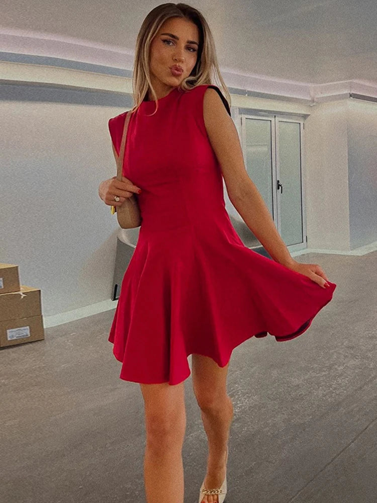Sleeveless Folds Mini Dress Women’s Solid Color High Waist Outfits Half Turtleneck Elegant Club Casual Party Dress A-Line