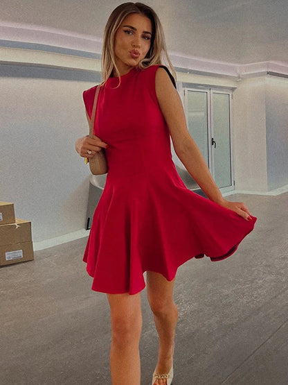 Sleeveless Folds Mini Dress Women’s Solid Color High Waist Outfits Half Turtleneck Elegant Club Casual Party Dress A-Line