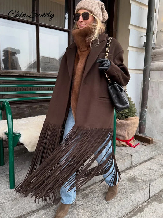 Fashion Woolen Tassel Long Coat Women Brown Single Breasted Long Sleeve Lapel Loose Jacket 2025 Spring High Street Outerwear