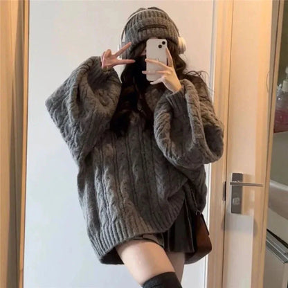 Suéter de otoño e invierno para mujer, estilo Harajuku, de punto de gran tamaño, estilo coreano, de manga larga y cuello en V, de punto, liso, holgado.