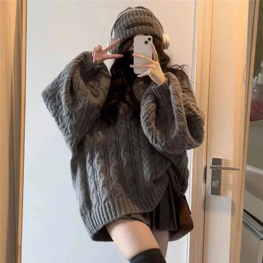 Suéter de otoño e invierno para mujer, estilo Harajuku, de punto de gran tamaño, estilo coreano, de manga larga y cuello en V, de punto, liso, holgado.