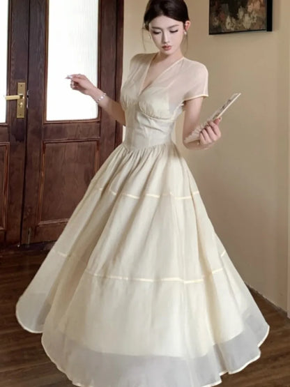 Vestidos largos elegantes para mujer, cuello en V, corte A, vestido de fiesta de cumpleaños, francés, informal, cintura alta, verano, nuevo, baile de graduación, vestidos retro para mujer