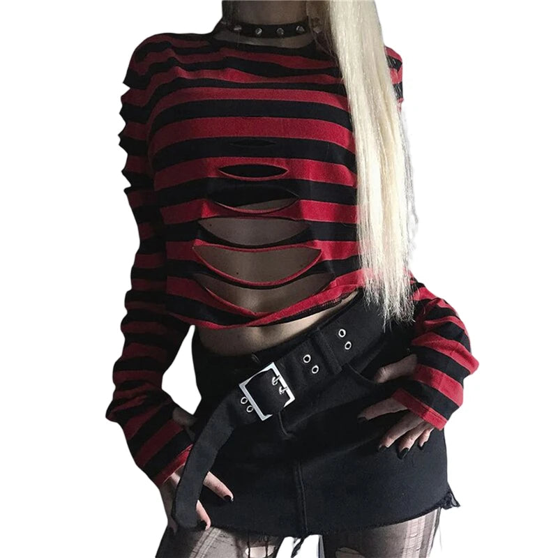 Camiseta Cyber Punk Y2K de los años 2000 para mujer, de rayas, cuello redondo, manga larga, con agujero, ropa gótica, camisetas E-girl, ropa de calle