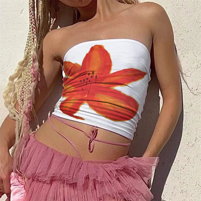 y2k Tube Top Women Aesthetic Flower Print Off Shoulder Strapless Sleeveless Bandeau Tanks 2000s Vest Party Streetwear