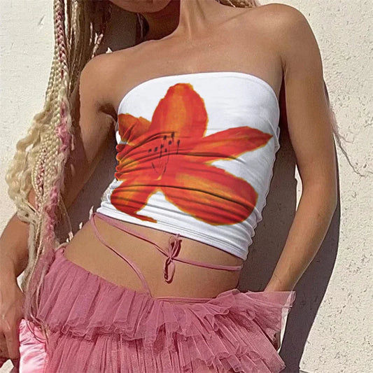 y2k Tube Top Women Aesthetic Flower Print Off Shoulder Strapless Sleeveless Bandeau Tanks 2000s Vest Party Streetwear