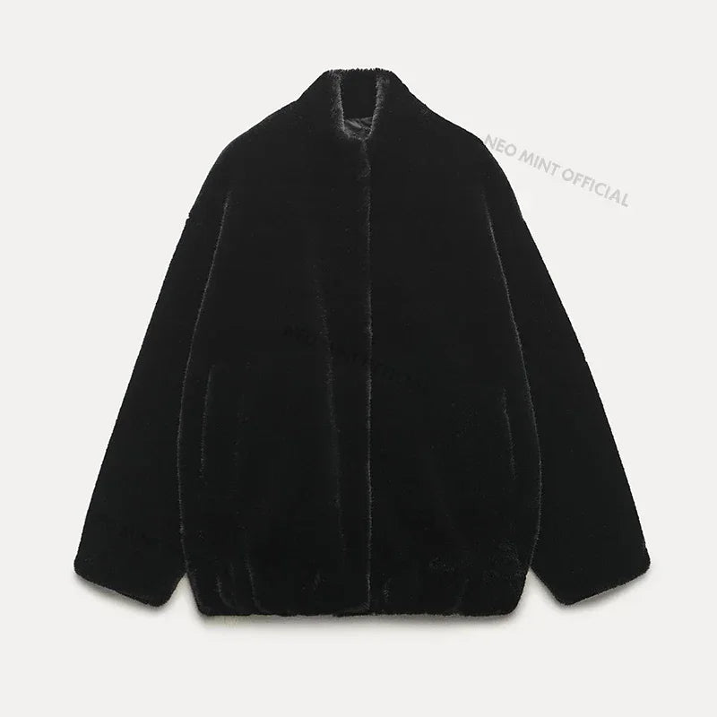 Abrigo de felpa extragrande para mujer, chaqueta de invierno gruesa y cálida acolchada de piel sintética de conejo, chaqueta bomber con pelo grueso para adolescentes.