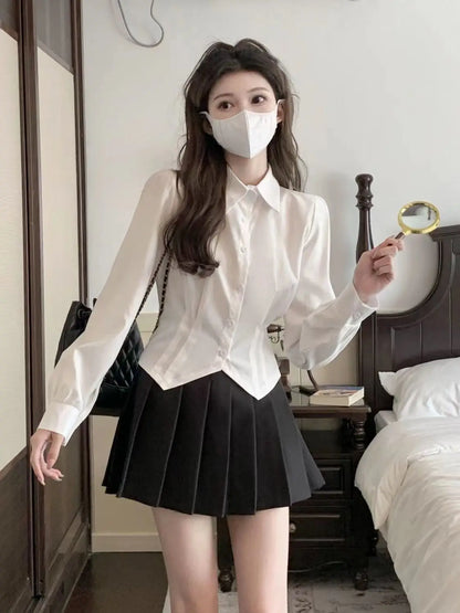 Camisa corta blanca de manga larga para mujer, túnica ajustada con botones, blusa básica, blusa escolar, blusa formal de cola de golondrina para mujer