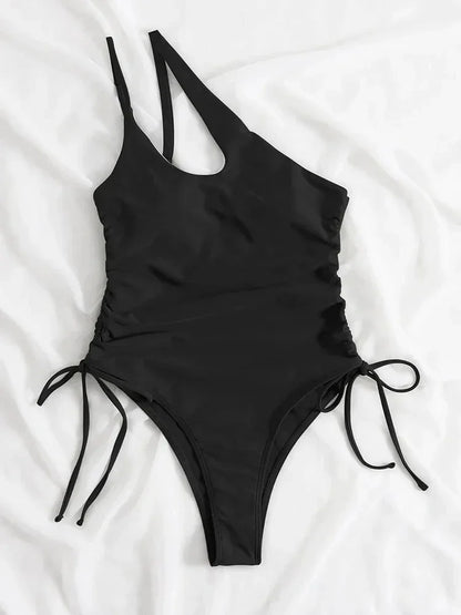 Women’s One Shoulder Swimsuit Tanga Bikini Set Two Piece Swimwear Solid Color Padded Bikini Top Bra Briefs Bottom Sexy