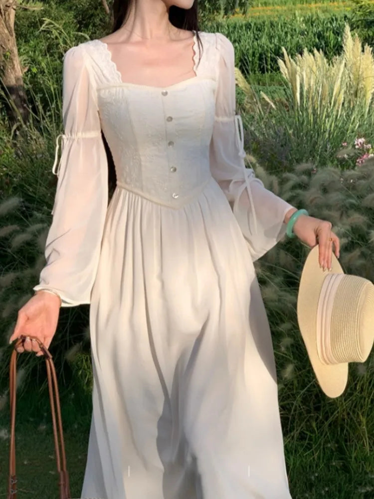 Vestidos midi franceses vintage con mangas acampanadas para mujer, cuello cuadrado, corte en A, otoño, nuevo, informal, liso, para fiesta, ropa femenina