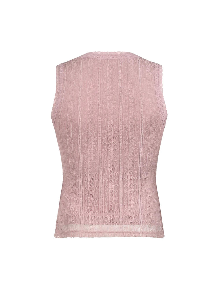 Top sin mangas con cuello en V, dulce y rosa, estilo Y2K, de encaje, estilo kawaii de los años 2000 para mujer