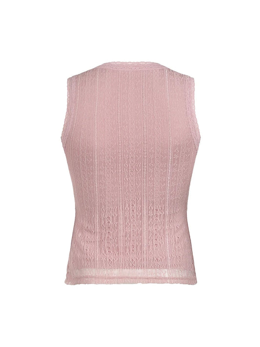 Top sin mangas con cuello en V, dulce y rosa, estilo Y2K, de encaje, estilo kawaii de los años 2000 para mujer