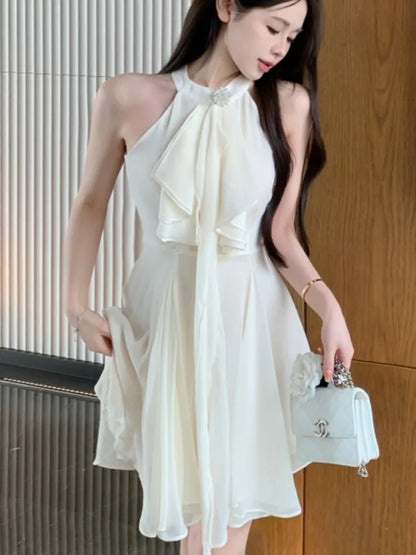 Elegante vestido corto con volantes y cuello halter para mujer, sin mangas, corte en A, sexy, para fiesta de noche, graduación, estilo coreano chic