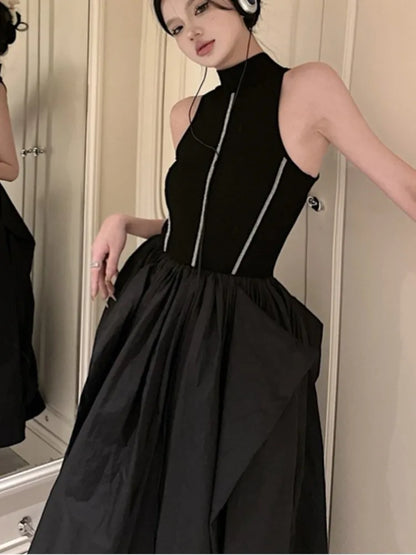 Vestidos casuales de punto negros para mujer, vestido tipo chaleco sin mangas, corte A, moda coreana, cuello medio alto, otoño, nuevo vestido