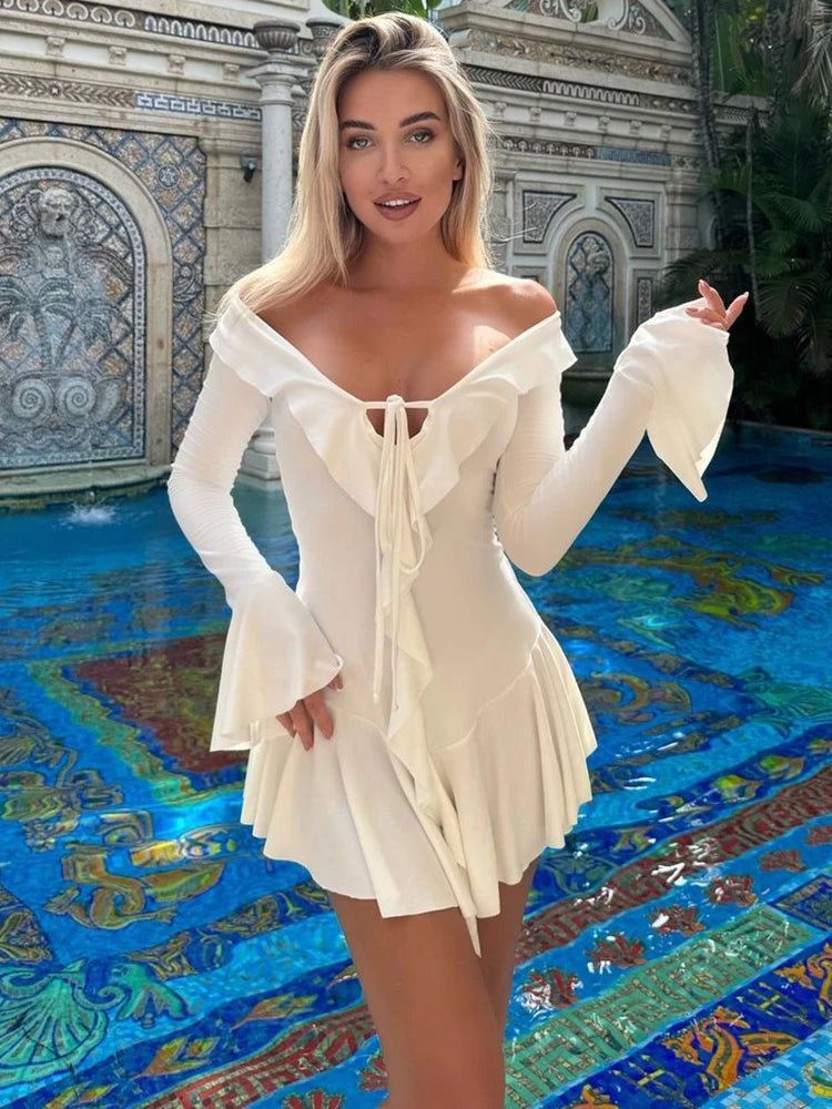 White Deep V Neck Ruffled Dress For Women Long Flare Sleeve Autumn Fashion Beach Party Short Dresses Female Sexy Slim