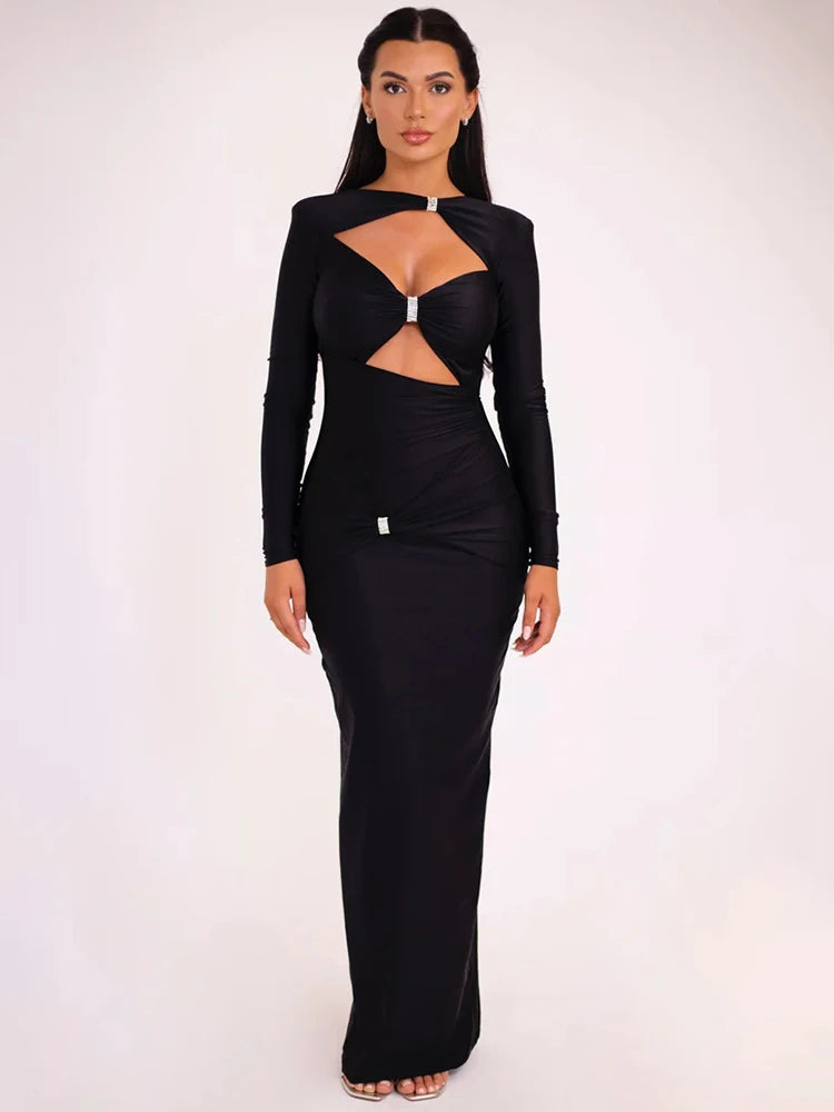 Elegant Hollow Out Long Sleeve Sexy Maxi Dress For Women Solid Color Slim Fit Cut Out Club Party Long Dress New