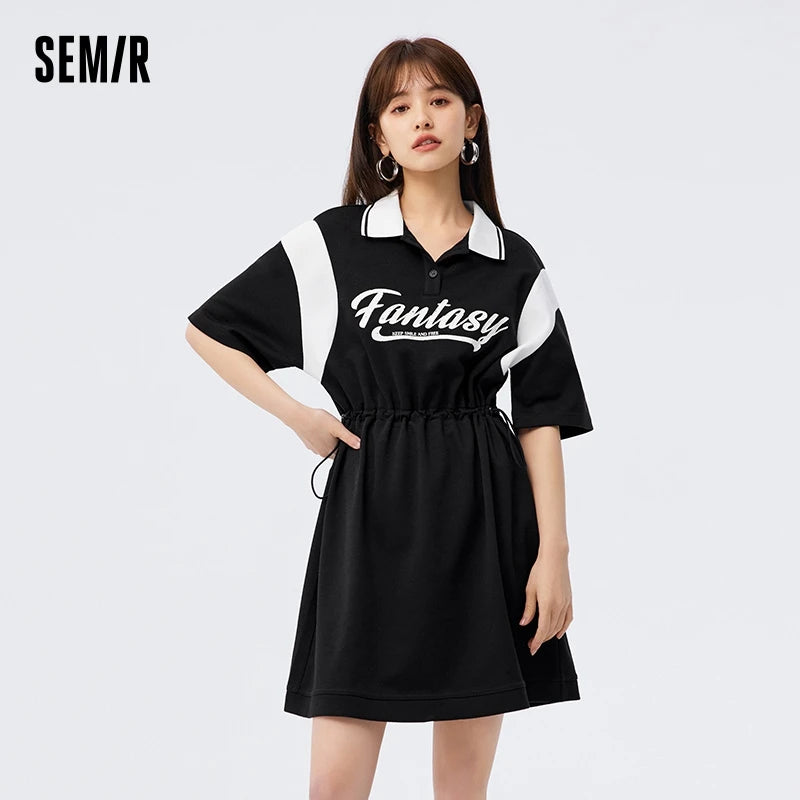 Dress Women’s Letter Contrast Loose Short Dress  Summer New Retro Waist Polo Dress