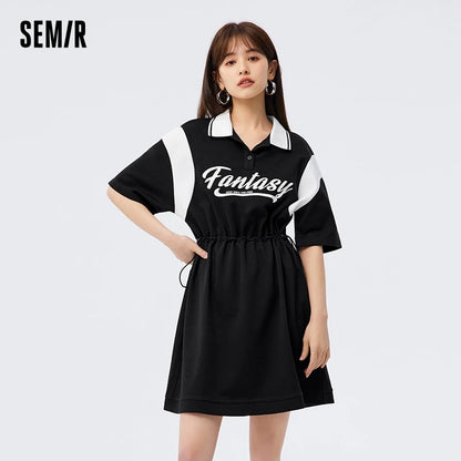 Dress Women’s Letter Contrast Loose Short Dress  Summer New Retro Waist Polo Dress