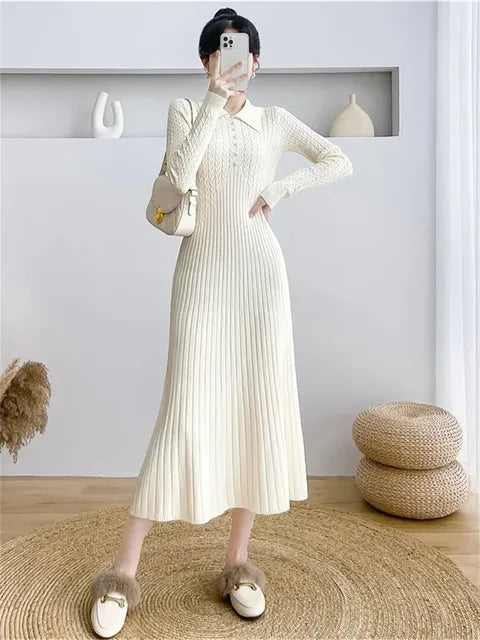 Ribbed Autumn Knit Long Dress For Women Fashion High Waist Elegant Solid Long Sleeve Dress Lapel Loose Knitwear Maxi Dress