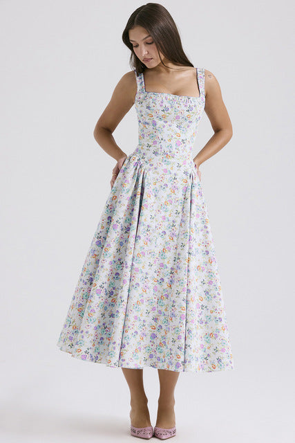 Vestidos de tirantes finos con estampado de flores para mujer, moda sexy, espalda descubierta, corte bajo, pliegues, estilo vacacional, vestido midi ajustado, vestidos femeninos