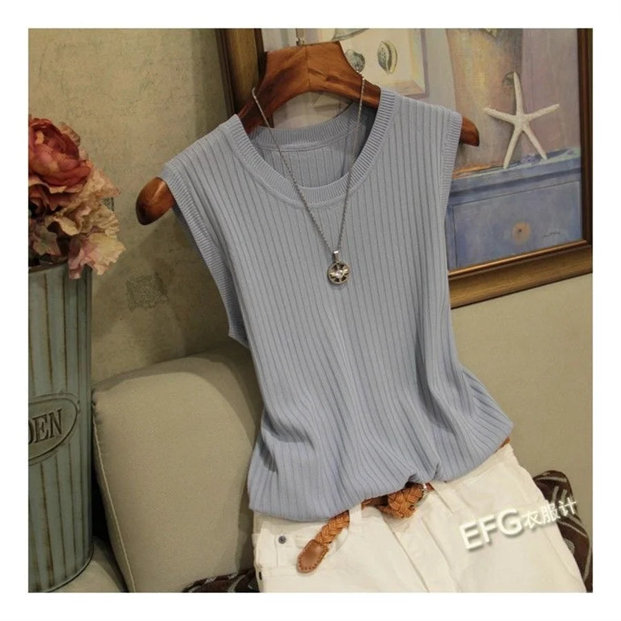 Blusa de verano sin mangas para mujer, blusa de punto con cuello redondo, ropa para mujer, tops para mujer DF4903