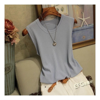 Blusa de verano sin mangas para mujer, blusa de punto con cuello redondo, ropa para mujer, tops para mujer DF4903
