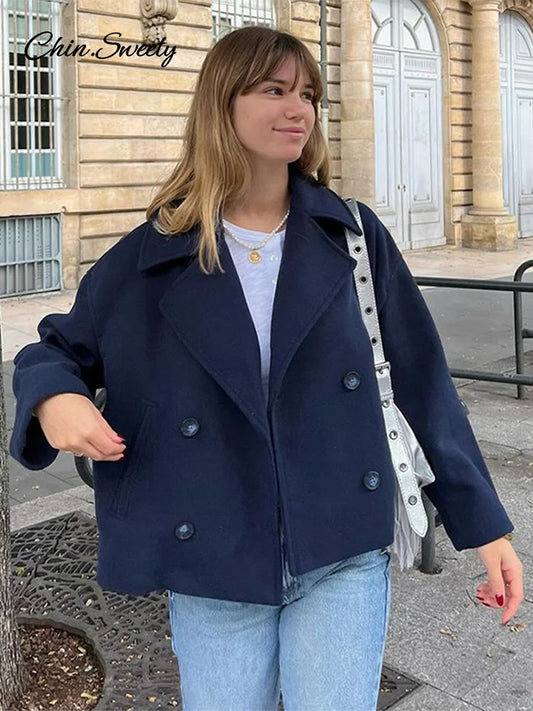 Abrigo holgado de mezcla de lana para mujer, chaqueta con solapa lisa y bolsillos cruzados, moda Otoño Invierno, prendas de vestir de oficina para mujer, nuevo